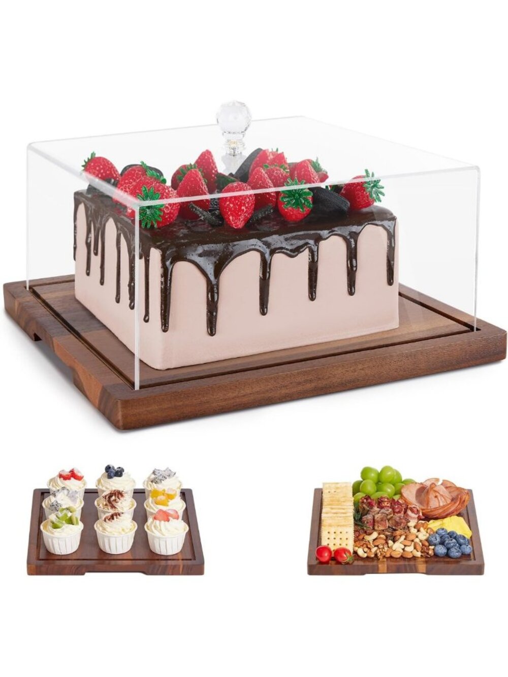 2-in-1 Acacia Wood Cake Stand & Dome Lid - Square Cake Holder for Desserts